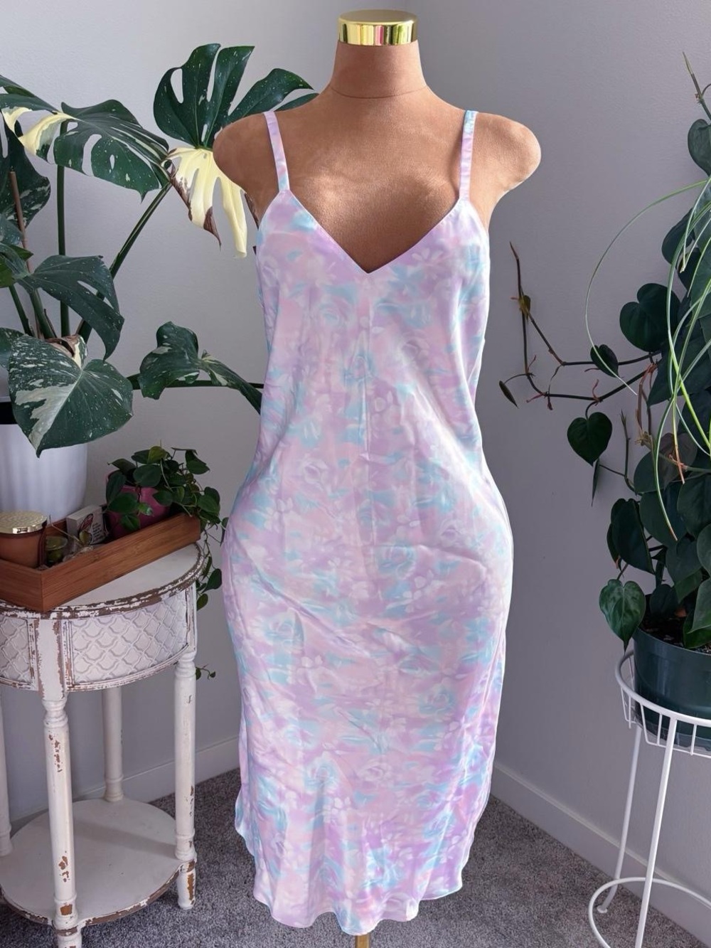 Vintage Jo Intimates Pastel Floral Satin Slip Dress Large